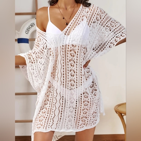 Womens Crochet Cover Up Half Sleeves Lace Knitted Tassel Tie Kimono Beachwear OS - Picture 10 of 12